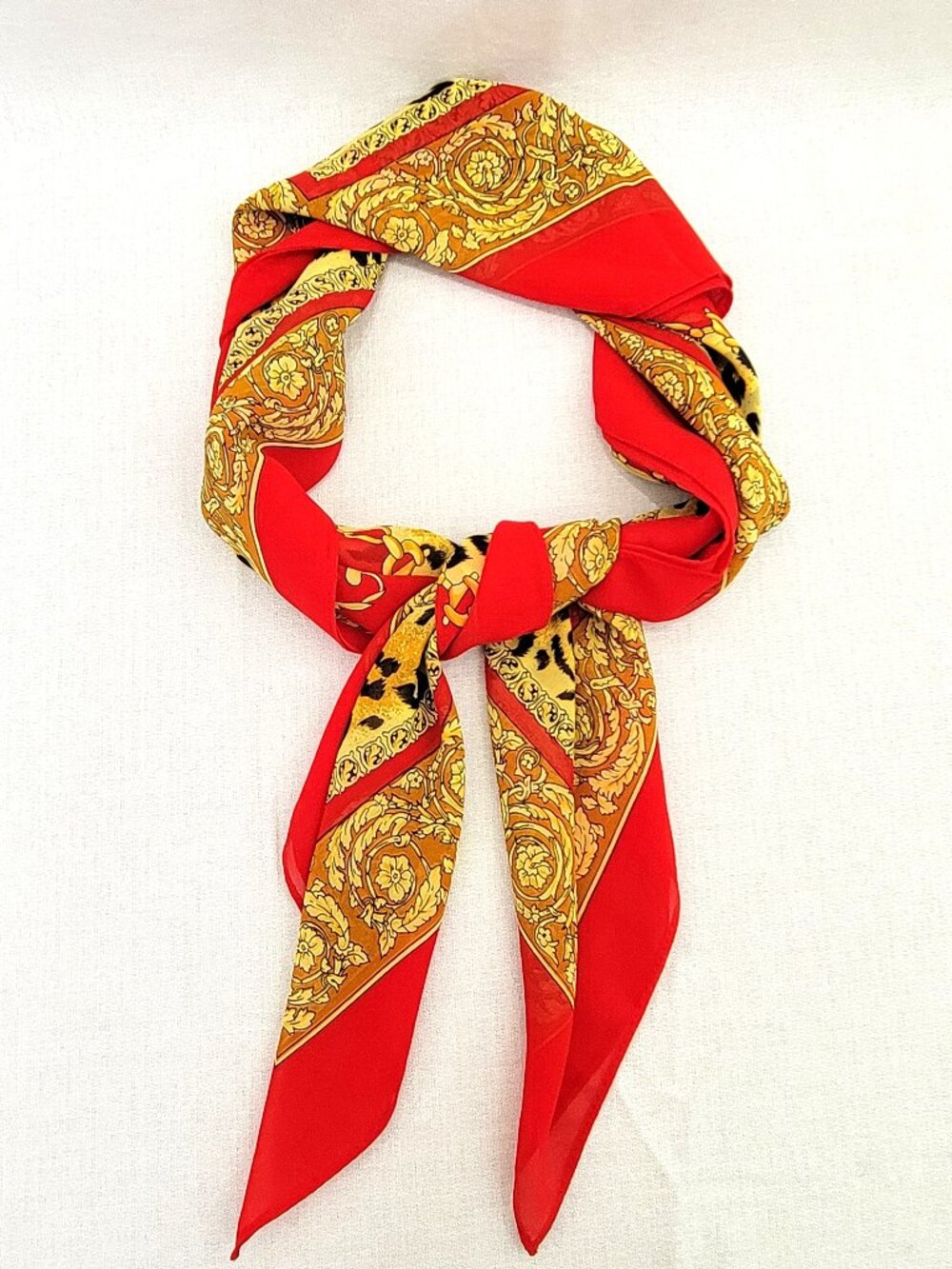 Large 34" Square Scarf: Red & Gold Baroque Leopard Print, Luxury Medallion Motif